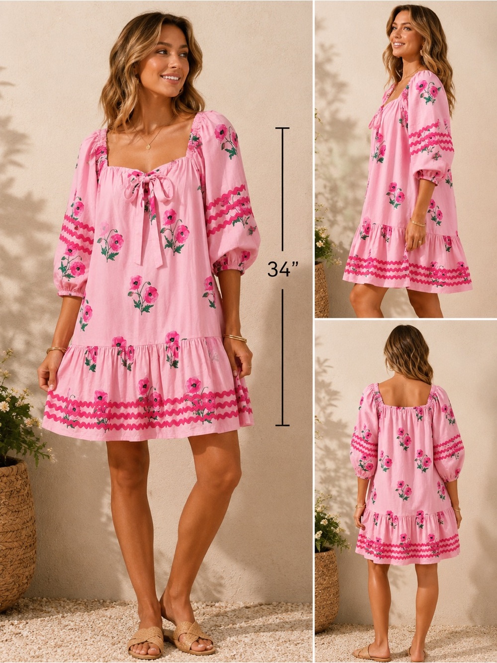 Entro Pink Floral Peasant Dress with Rick Rack and Tie Front